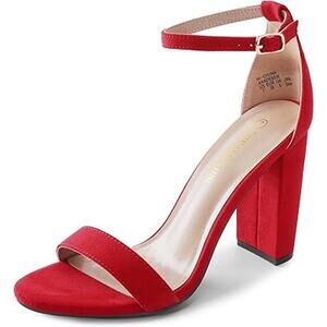 Dream Pairs Womens Size 7.5 Red Faux Suede Ankle Strap 4" Chunky Heel Shoes